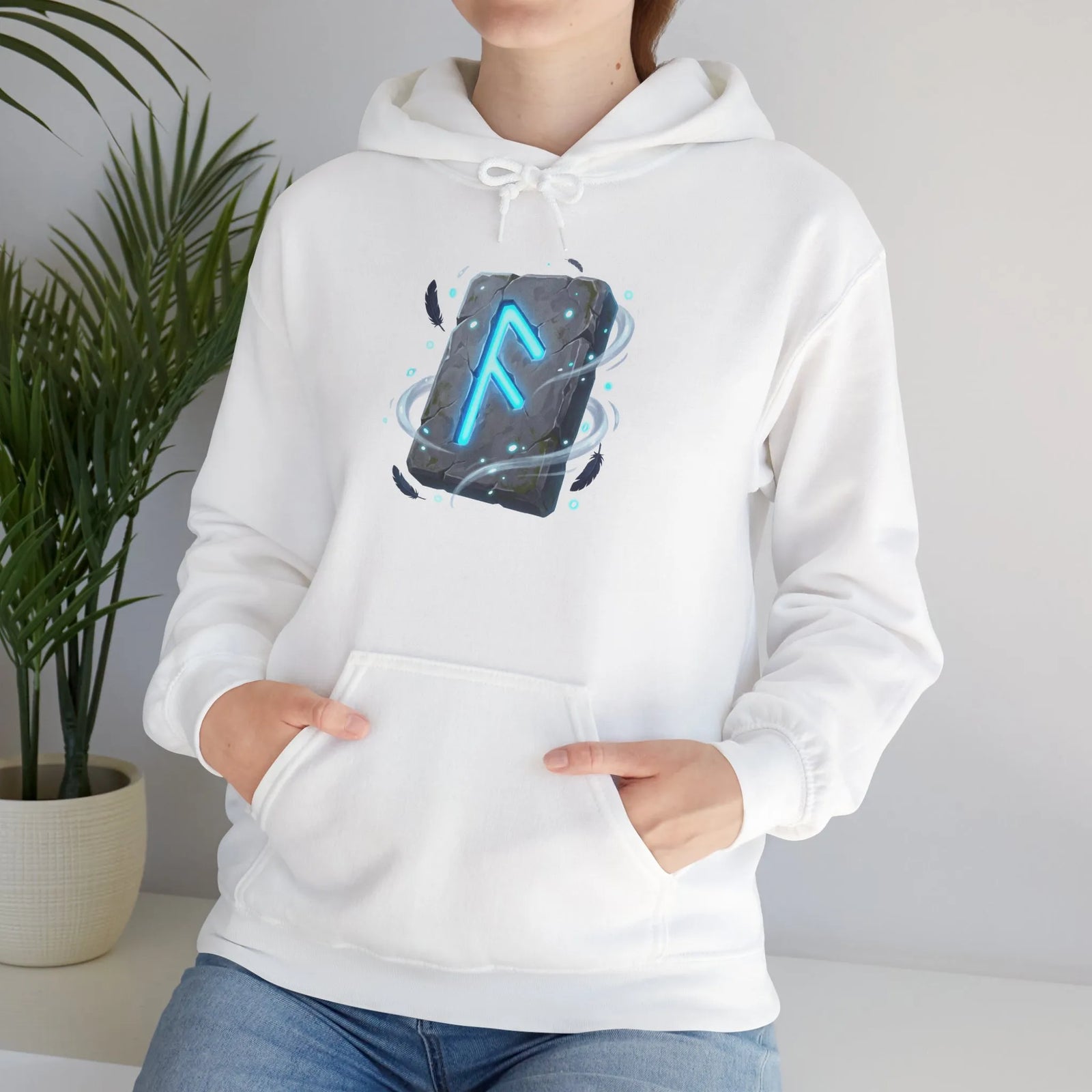 Ansuz Rune Odin's Raven Graphic Hoodie - Medium Heavy Fabric Classic Fit - Unisex White
