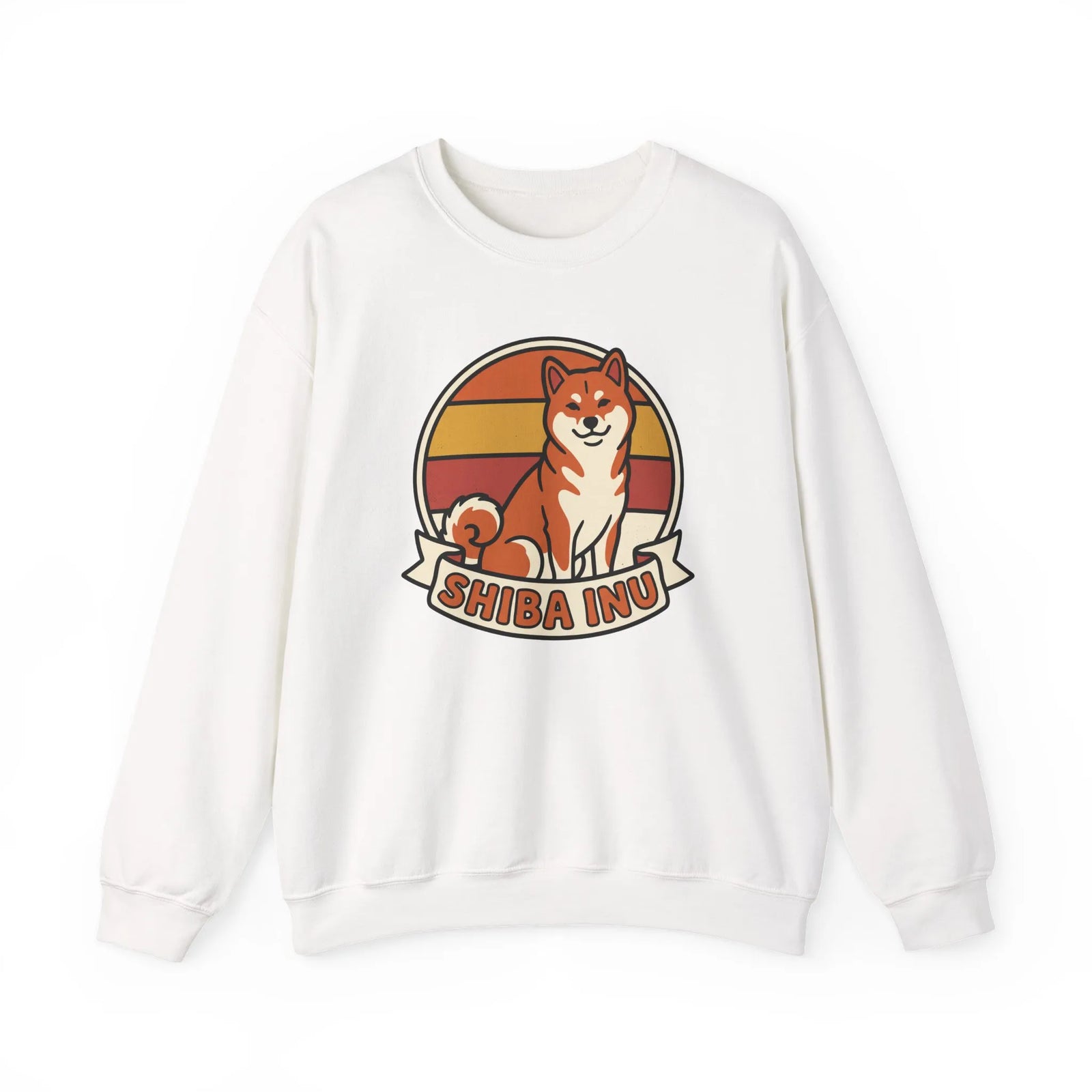Shiba Inu Retro Sunset Graphic Sweatshirt - Heavy Blend Fleece Crewneck - Unisex White