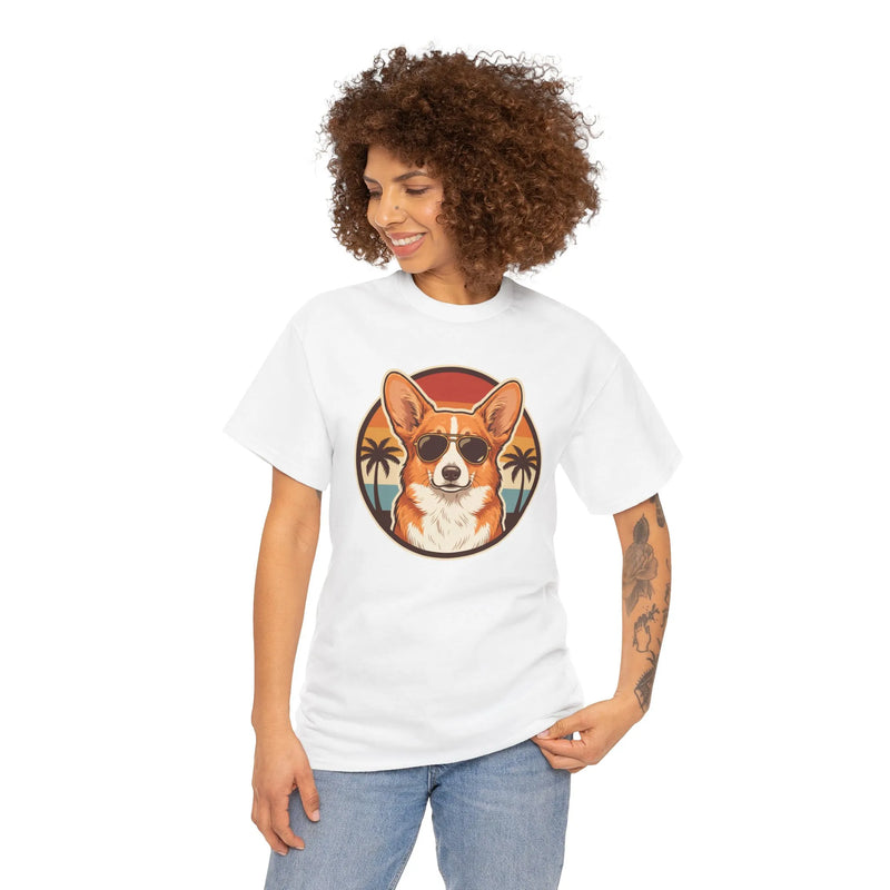 Cool Corgi Aviator Sunset T-Shirt - Heavy Cotton Classic Fit Tee - Unisex White