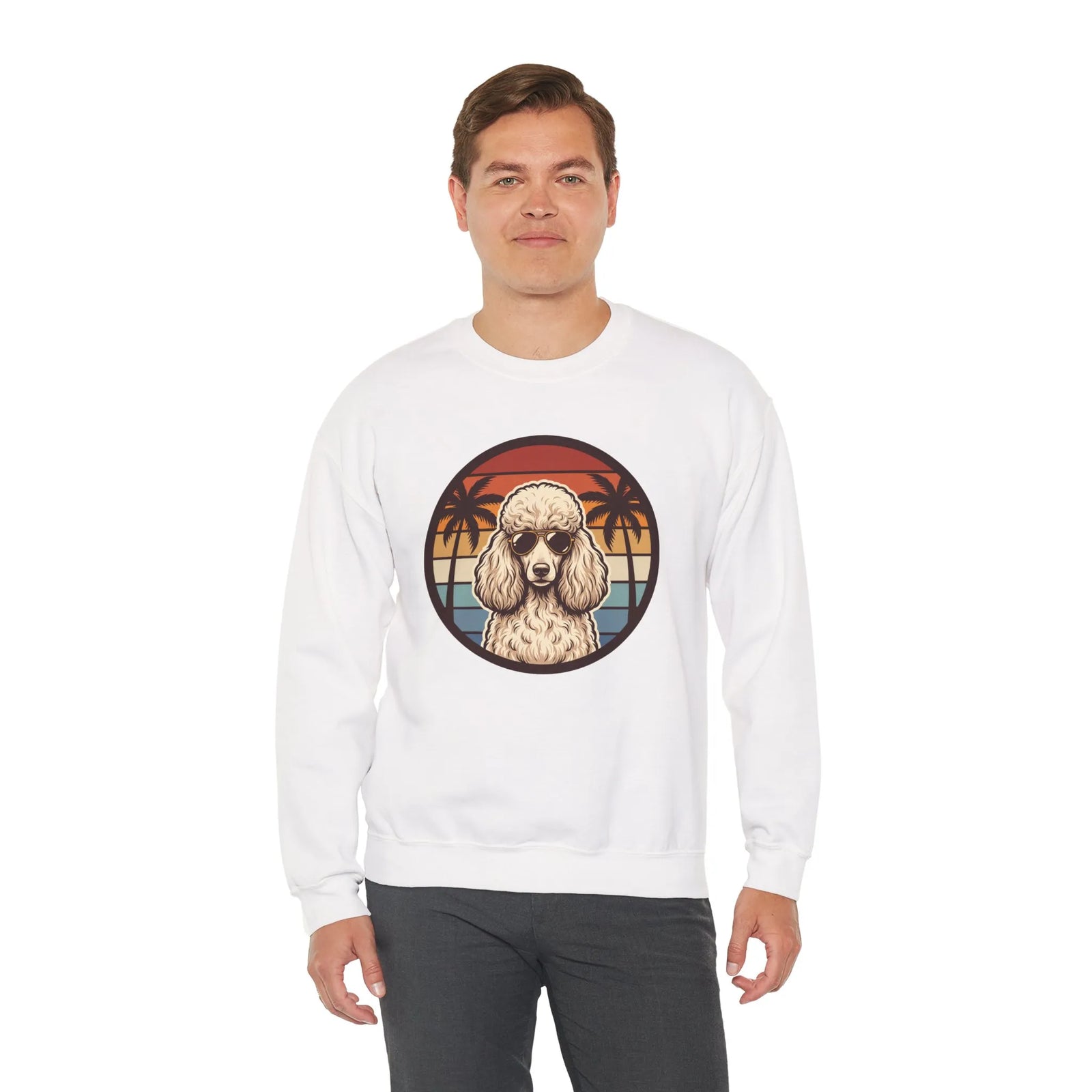 70s Sunset Poodle Aviators Graphic Sweatshirt - Heavy Blend Cotton-Poly Crewneck - Unisex White