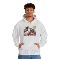 Ronin Wave Samurai Cat Ukiyo-e Hoodie - Heavy Blend Fleece Pullover - Unisex White