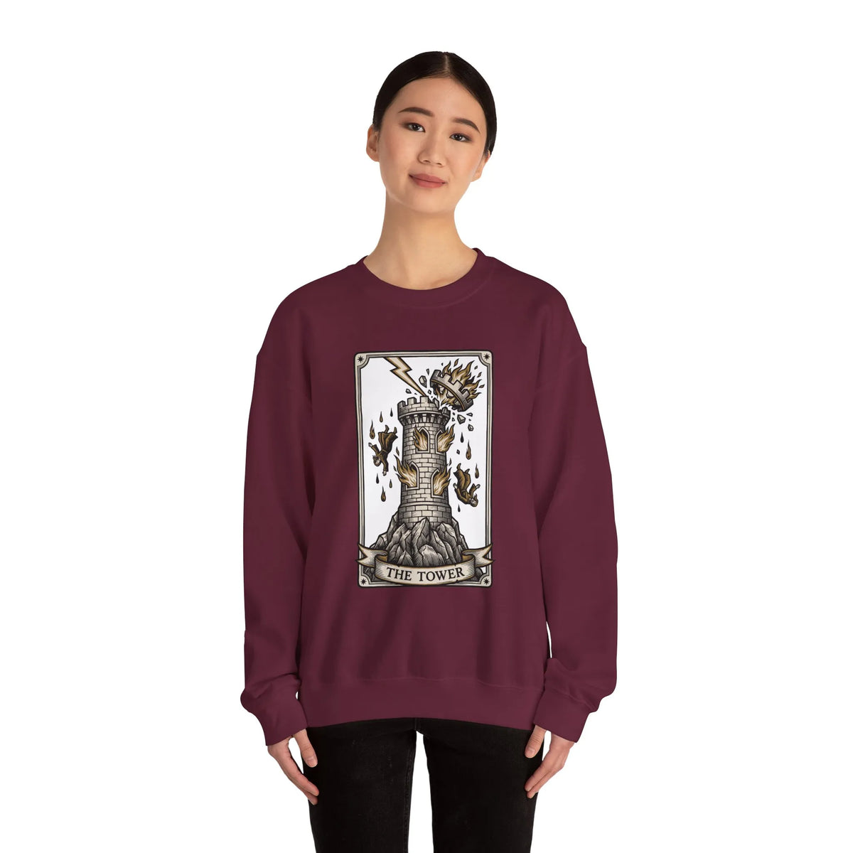 The Tower Tarot Card Sweatshirt - Heavy Blend Fleece Crewneck - Unisex White