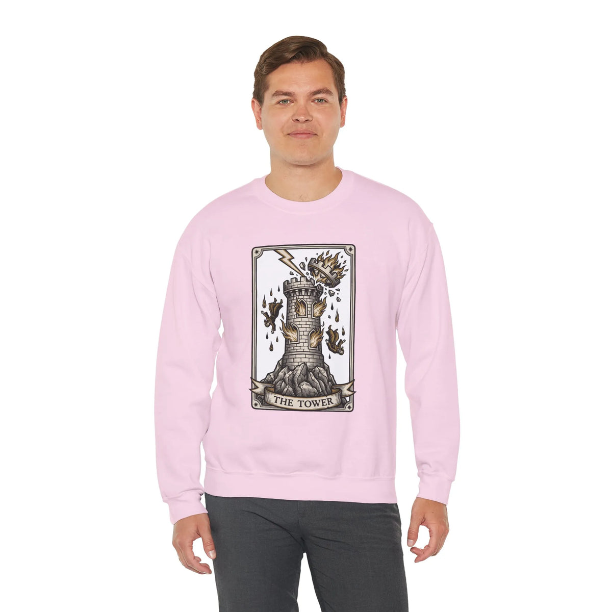 The Tower Tarot Card Sweatshirt - Heavy Blend Fleece Crewneck - Unisex White