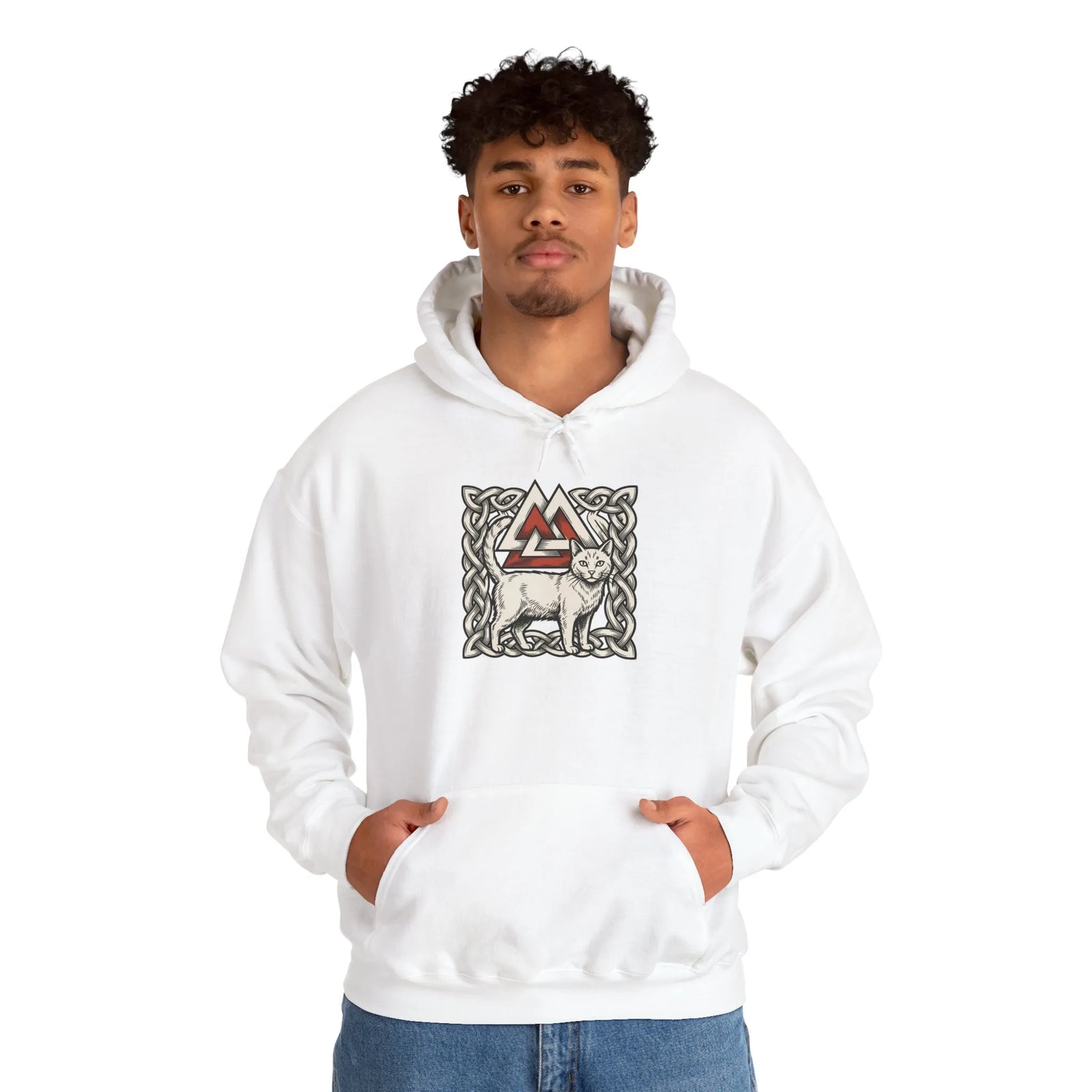 Valknut Cat Freyja's Sacred Cats Hoodie - Medium Weight Cotton Blend Pullover - Unisex White