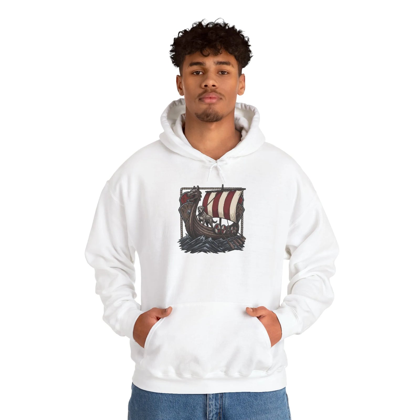 Longship Prow Viking Dog Hoodie - Cozy Cotton Poly Fleece - Unisex White