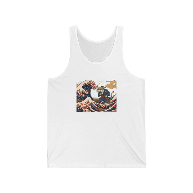 Ronin Wave Ukiyo-e Samurai Cat Tank Top - Lightweight Combed Cotton Jersey - Unisex White